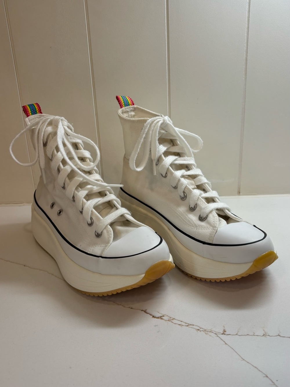 Madden Girl White High-Top Platform Sneakers with Rainbow Heel Loop
